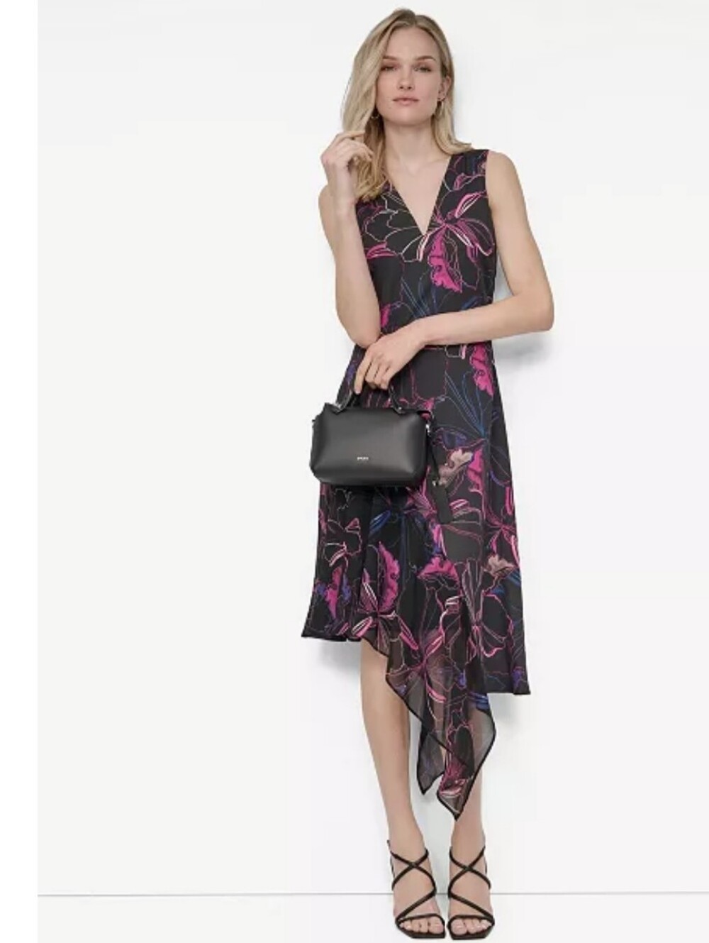 DKNY Black Floral Chiffon Midi Dress Size 10 NWT Asymmetrical Hem V Neck $139